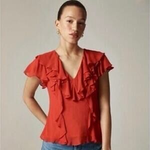 J CREW Sz S Ruffle Chiffon Ruby Red Cap Sleeve Office Siren Feminine Fully Lined